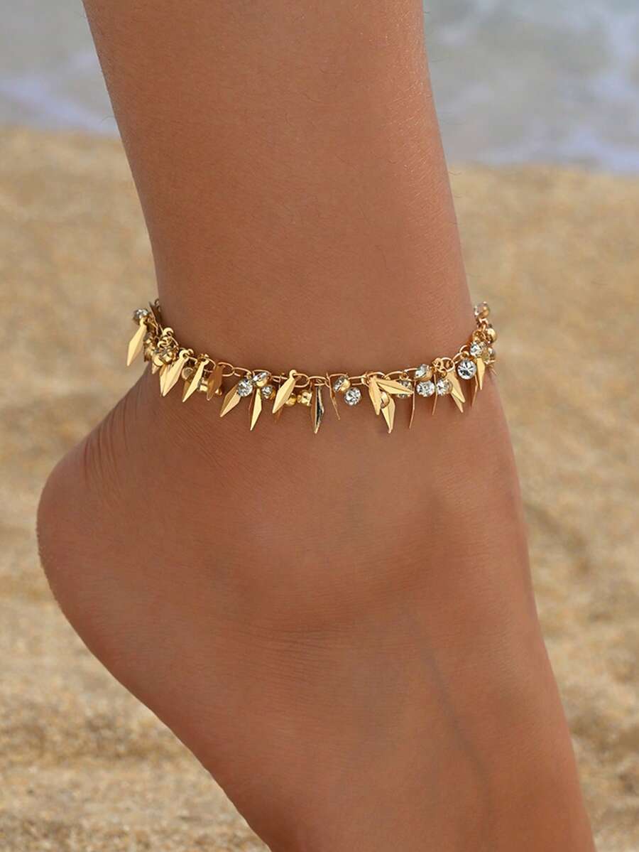 1pc Fashionable Bohemian Style Golden Leaf Rhinestone Tassel Handmade Chain Anklet, Suitable For Daily Wear, Vacation, Party, Date, Music Festival - Multicolor - View 1