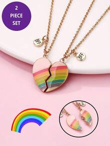 2pcs/Set Kids' Fashion Proud Rainbow Color Best Friend Enamel Oil Drop Magnetic Heart Pendant Necklace, Suitable For Daily Wear And Festivals - Multicolor - View 2