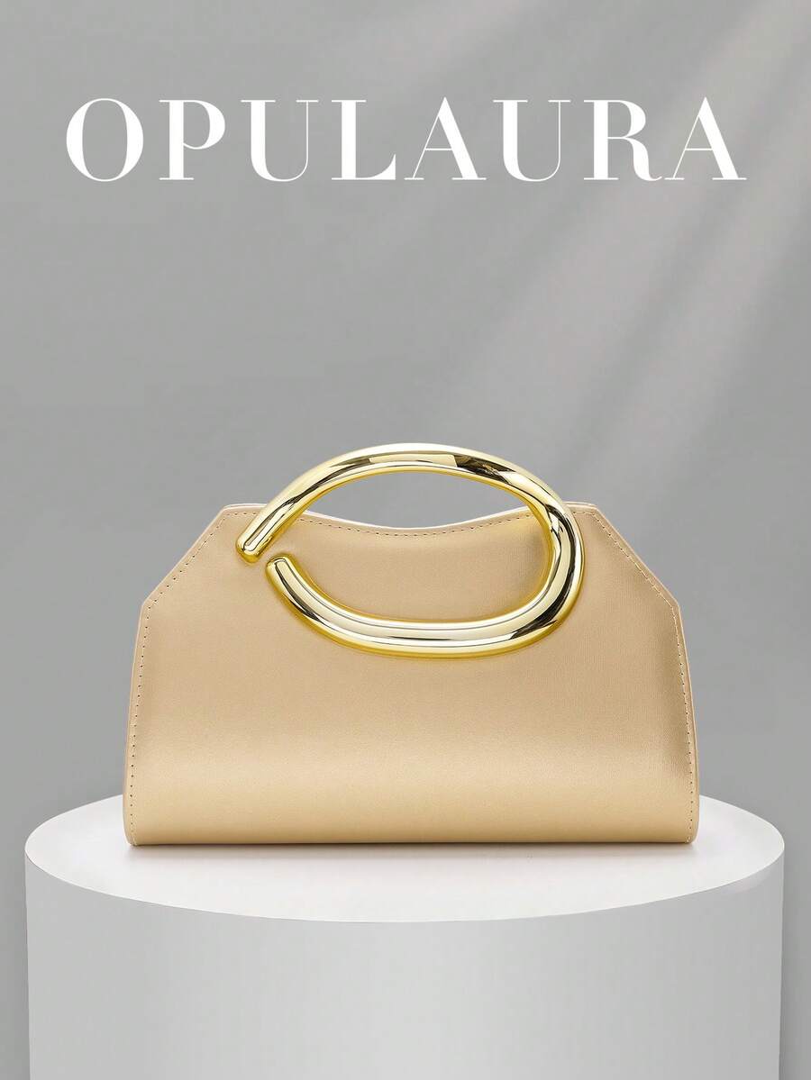 OpulAura 女士优雅金色真皮手提包,奢华天鹅绒晚宴手拿包,适合搭配正式礼服、婚礼、生日派对和毕业晚会。 - 金色 - 查看 1