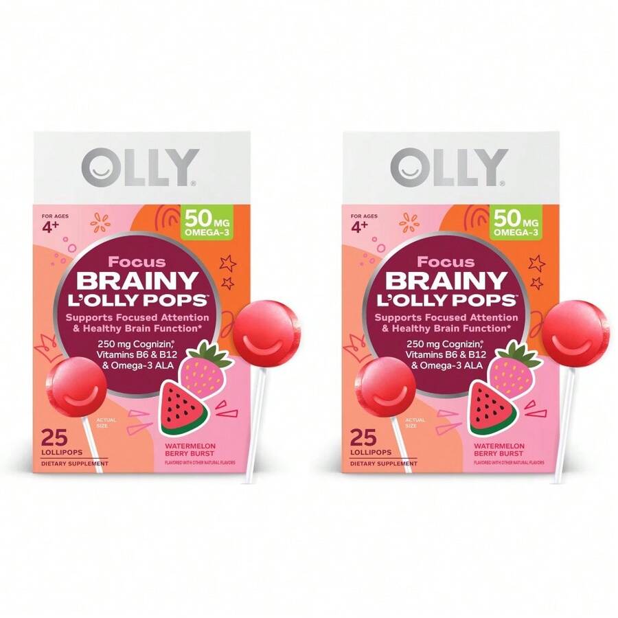 OLLY Focus Buddies L'OLLY Pops, Cognizin, Vitamins B6 And B12, Omega-3 ALA, Kids 4+ Dietary Supplement, Watermelon Strawberry Flavored, 25 Count - 25 Count (Pack of 2) - 查看 1