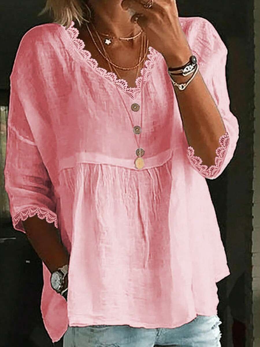 Women's Casual V-Neck Lace Trim Blouse - Polyester Woven Solid Color Adult Shirt With Lace Trim, Regular Fit, Spring/Summer Collection Pink - Pink - View 1