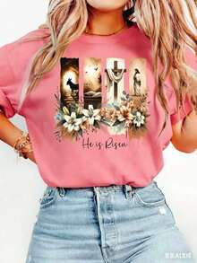 Easter Gift Women's Elegant Style Short Sleeve Easter Religious Theme Printed Pattern Round Neck Women's Comfortable Soft Breathable New Spring Summer - 粉色 - 查看 10