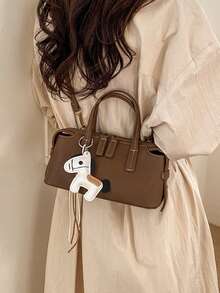 1pc Fashion New Women's Elegant Handbag, Shoulder Crossbody Bucket Bag, Minimalist Retro Solid Color PU Pleated Texture Metal Decor Double Zipper Closure With Personalized Pendant, Suitable For Travel, Shopping, Dating - Brown - View 8