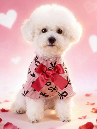 1pc Bow Print Ribbed Knit Pet Top, Large Red Satin Bow & Ruffle Trim Dog Cat Accessories Pet Supplies For Puppy & Cats, Stylish Sweet Pet Clothes Dog Cat Stuff For Small/Medium Dogs And Cats, Valentine's Day Gift, Daily Wear, Birthday Gift, Father's Day Gift, Mother's Day Gift, Gifts For Friends, Boyfriends, Girlfriends, Family, Teachers, Colleagues, Halloween Gift, Christmas Gift