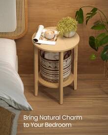 VASAGLE Round Side End Table, 2-Tier Boho Bedside Table With Rattan-Look Storage Shelf, Nightstand For Small Spaces, For Living Room, Bedroom, Home Office - Original Oak - View 3
