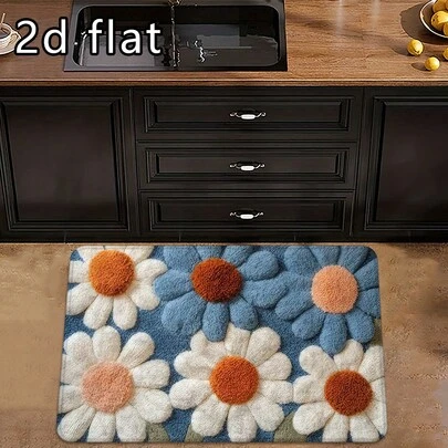 1pc/2pcs/3pcs Daisy Pattern Non-Slip Kitchen Rug - Machine Washable, Short Plush, Knitted Polyester Fabric, TPR Backing, Suitable For Bathroom, Bedroom, Kitchen, Entryway - Indoor And Outdoor Use, Entrance Mat, Bathroom Mat, Faux Wool