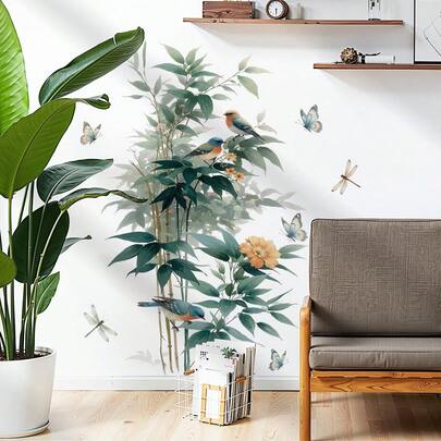 2 miếng dán tường PVC họa tiết hoa và chim, trang trí tường phòng khách, cạnh ghế sofa.