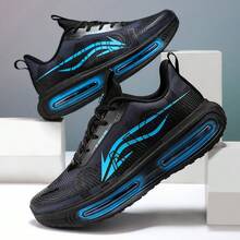 1 đôi giày chạy bộ nam có đệm, buộc dây, họa tiết tia chớp, chất liệu lưới thoáng khí, giày thể thao cổ thấp casual. - Đen và xanh - Xem 13