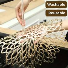 10pcs Elegant Golden Floral Lace-Patterned PVC Placemats & Coasters Set - Heat-Resistant, Non-Slip Round Table Mats With Intricate Leaf Design, For Weddings, Parties, Christmas, Everyday Dining - Easy-Clean Durable Table Deco - Gold - View 3