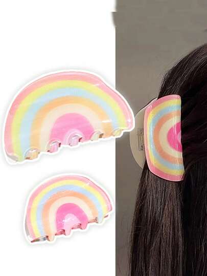 1pc Dopamine Sweet Rainbow Fun Mini Creative Acrylic Hair Claw Clip, Cute Hair Claw, Half Round Clip, Suitable For Ponytail, Bun, Fashion Versatile Hair Accessory For Women