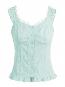 Women's Ruffle Hem Tank Top V Neck Lace Patchwork Backless Vests Slim Fit Y2k Camis Tops - Olive Green - View 7