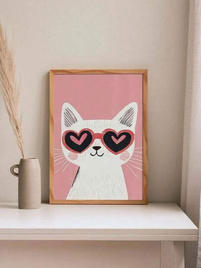 1 Framed Or Unframed Cute Cat Canvas Wall Art; A Creative And Humorous Poster Featuring A Cat Wearing Heart-Shaped Fashion Glasses; A Vintage-Style Pink Wall Art Piece With A Playful White Cat; Perfect For A Baby's Bedroom, Living Room Or Bathroom