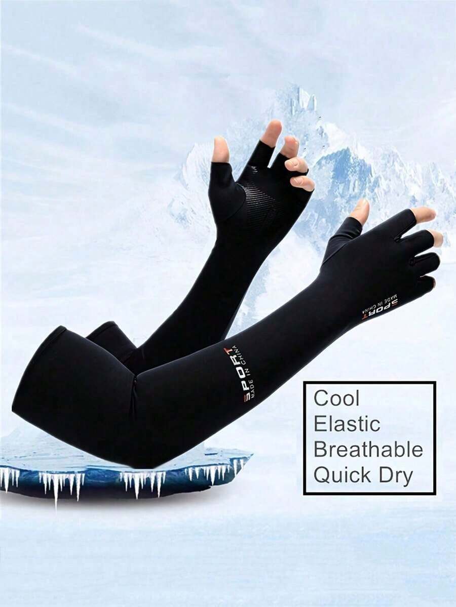 1 Pair Unisex Anti-Cooling Arm Sleeves With Half Finger Gloves, Summer Sunscreen Sweat Absorbing Arm Guards With Non-Slip, Sleeves Men And Women, Outdoor Sports, Cycling, Driving, Feeling Half Finger Screen Sleeves, Resistant Arm Gloves, Long Arm Sleeves - 灰色 - 查看 1