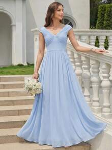 EVERPRETTY Nuevo vestido de dama de honor de gasa azul claro con lazo en el cuello, adecuado para bodas, ocasiones formales y fiestas de cumpleaños - Celeste - Ver 6