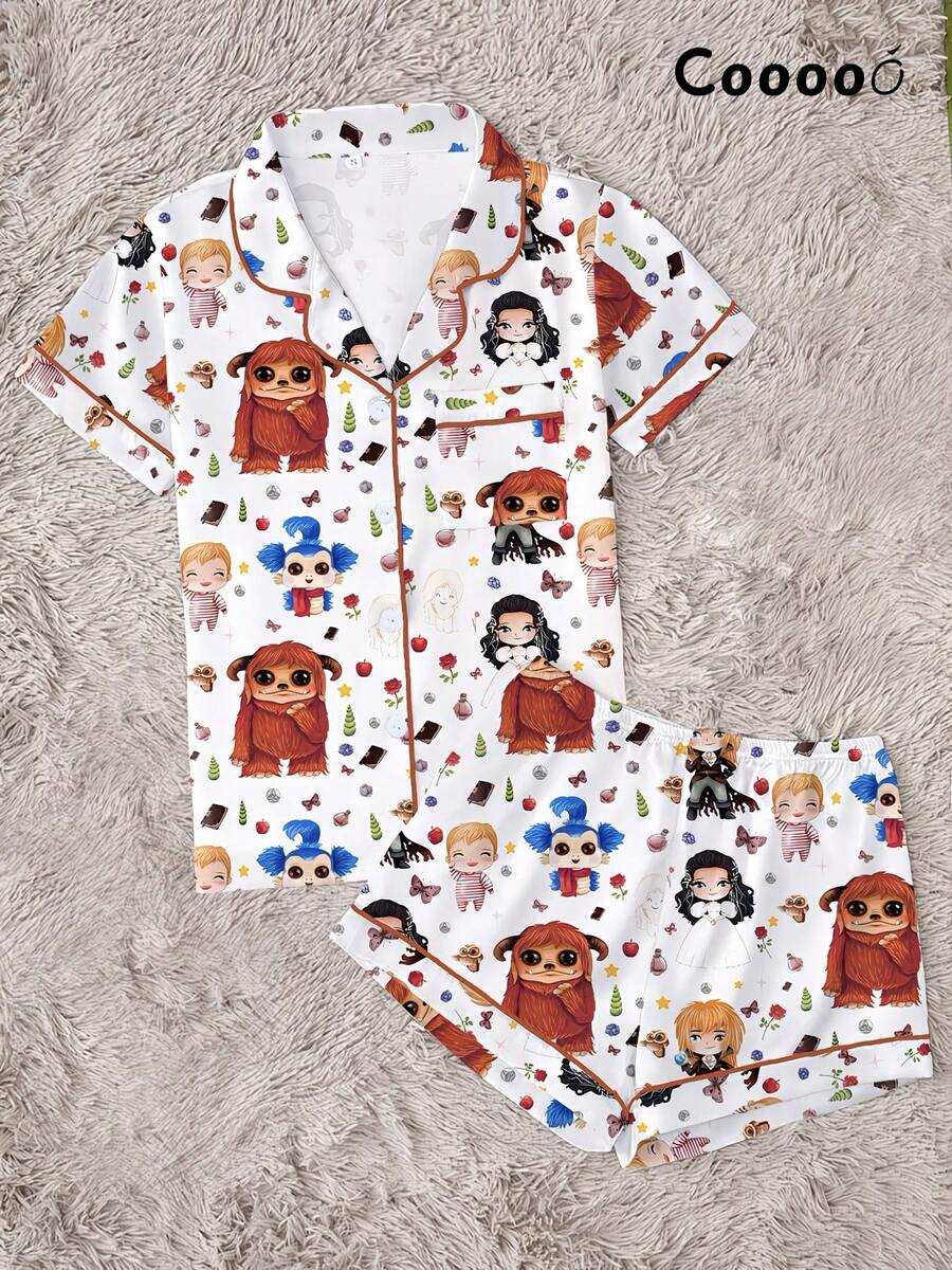 Labyrinth Magical Maze Cartoon Character Printed Pajamas Set, Short Sleeved Shirt With Collar And Buttons, Loose Elastic Shorts, Suitable For Festivals, Parties, Casual Outdoor And Indoor Wear, Suitable For All Seasons - trắng - Xem 1