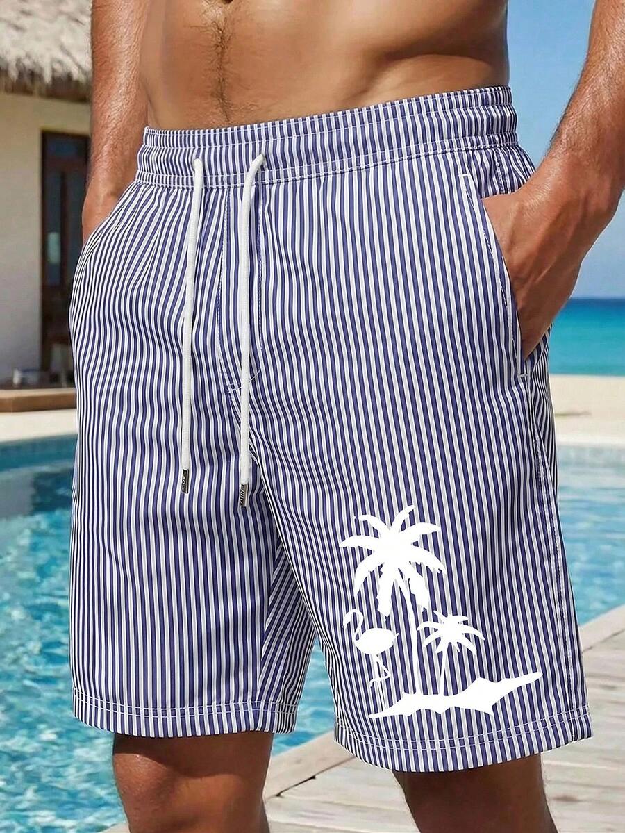 Men's Striped Palm Tree Print Casual Beach Shorts With Drawstring, Summer - Dusty Blue - View 1