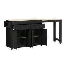 Kitchen Island On Wheels, Extendable Dining Area Kitchen Island With Worktop And Drawers, Mobile Freestanding Kitchen Island, Ideal For Kitchen And Dining Room - Black - View 10