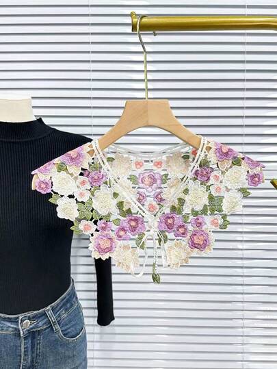 Gola de Renda Floral Vintage Feminina, Gola Destacável Bordada com Flores Brancas e Roxas com Borla, Acessório Decorativo para Suéter, Vestido, Blusa
