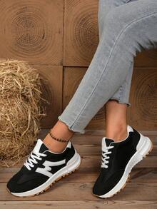 透气系带休闲运动鞋，跑步鞋，适合青少年，春夏秋季校园风格 - 黑色 - 查看 1