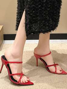 交叉绑带尖头细高跟露趾PU皮派对凉鞋，夏季 - 紅色 - 查看 14