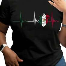 Camiseta de mujer de manga corta, cuello redondo y corte holgado, más vendida, con estampado de la bandera mexicana y diseño de latidos del corazón, nuevo estilo de verano europeo y americano. - Negro - Ver 3