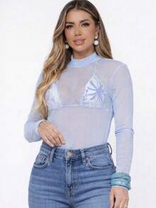 Women's Long-Sleeved Transparent Tulle Bodysuit - 淺藍色 - 查看 2