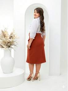 Elegant Tailored Midi Skirt For Modest Fashion, With Belt, Pockets, And Buttons. - Terracotta - View 2