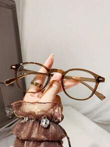 1 Pair Small Transparent Lens Glasses, Brown Polygon Frameless Non-Prescription Frames, Unisex Fashion Accessory, Polycarbonate Frame And Lens Material - Through Tea - View 6