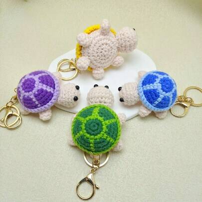 1 Porte-clés mignon en forme de tortue dorée, mini poupée en crochet fait main, pendentif en laine crochetée, petit ornement en forme de tortue tricoté, porte-clés en tricot, accessoire pour sac de femme, porte-clés de voiture