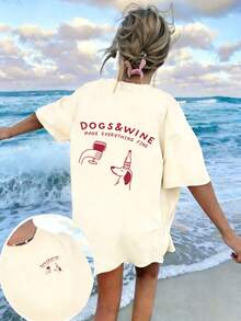 2026 Cartoon Puppy & Red Wine Graphic Print Crew Neck Short Sleeve T-Shirt. New Minimalist Women's T-Shirt With A Cute Pattern, Casual Holiday Style, Relaxed Fit, Crew Neck And Short Sleeves. - 黑暗的 - 查看 10