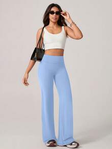 TimeOff 1pc Women's Minimalist Elastic V-Shaped Lifting Straight Wide-Leg Letter Print Sports Pants - Dusty Blue - View 7