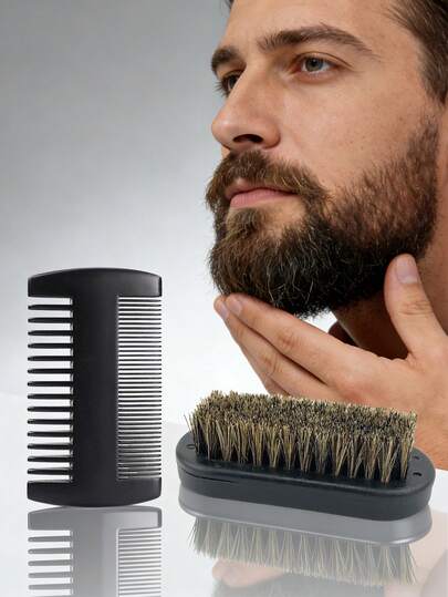 2pcs Beard Brush Beard Comb Beard Care Grooming Set Great Gift For Men During Festivals,Men's Beard Grooming Kit - Double Sided Beard Comb & Boar Bristle Beard Brush Set For Men, Mustache Care And Styling