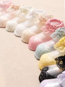 5 pares de calcetines cortos de princesa con volantes de encaje, suaves y transpirables, con adorable borde de encaje, calcetines casuales de algodón - Multicolor - Ver 4
