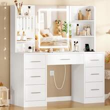 Large Vanity Desk With LED Lighted Mirror & Power Outlet,Makeup Vanity Table With 7 Drawers,4 Shelves And 5 Hooks,Vanity Table, Vanity Desk Set For Bedroom,Bathroom,White - White 7 Drawers With Led Lighted Mirror - 查看 2
