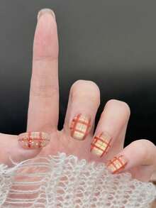 10pcs/Set Press On Nail Art, Orange Effervescent Water, Red Patterned Hand Painted Checkered Glittery Glass Bead Cat Eye Handcrafted Nail Accessories - Multicolor - View 3