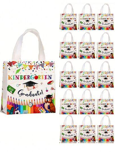 Non-Woven Fabric Graduation Gift Bag, Designed With Bright Color Patterns, Printed With Graduation Cap Motif, Suitable For Graduation Ceremony, Theme Parties, Graduation Gatherings, And Gift Packaging, A Perfect Graduation Item.