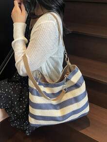 夏季新款波西米亚风条纹编织手提包 女士大容量通勤单肩包 草编材质 海边度假沙滩包 时尚百搭ins风超火大容量包 - 藍色 - 查看 6