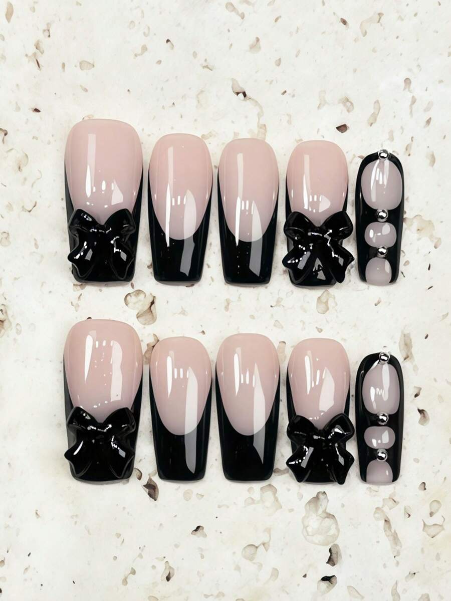 10 Móng Tay Giả Thủ Công Hình Vuông Dài, Móng Tay Giả Acrylic, Móng Tay Giả Thủ Công, Bộ Móng Tay Giả, Bộ Móng Tay Kiểu Pháp Màu Đen, Móng Tay Kiểu Pháp Màu Hồng Nude & Đen với Mặt Dây Chuyền Nơ Đen 3D & Hạt Trang Trí Bạc