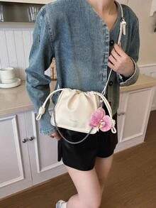 2026新款简约时尚PU皮革小方包，多功能休闲单肩包/斜挎包，可调节可拆卸肩带，舒适大容量，水桶包设计 - 米色 - 查看 4