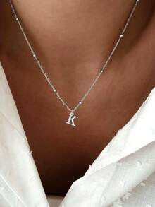 Letter Detail Initial Pendant Necklace For Women, Minimalist Chain, Fashion Jewelry For Party, Daily Clothing Decor,  Stainless Steel Jewelry For Birthday Gift - 銀色 - 查看 3