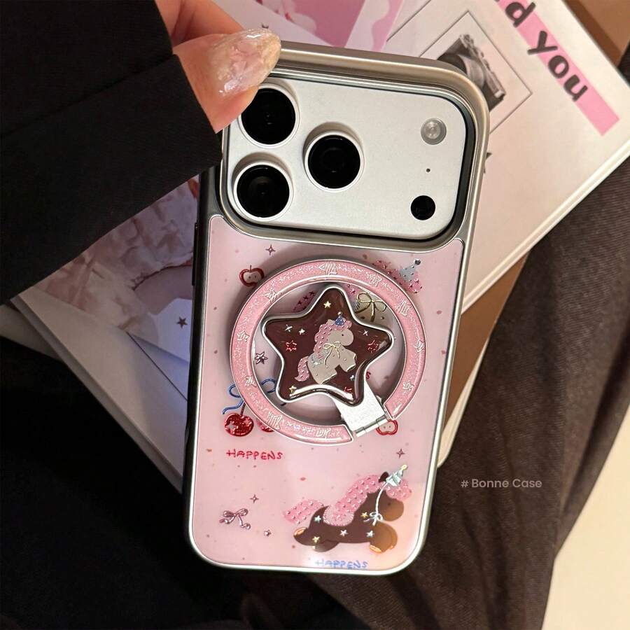 GUCADI 金色边框磁吸玫瑰金小马+梦幻玫瑰金星磁吸支架手机壳，兼容苹果 17 Pro Max、15 磁吸支架、13 硬壳手机。可爱、少女、创意、几何、卡通、萌系、小众、软妹、奢华风格