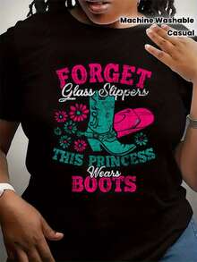 Camiseta gráfica divertida de vaquera para mujer - Lema: "Olvídate de las zapatillas de cristal, esta princesa usa botas de vaquera" |   Negro con diseño occidental en rosa y verde azulado |   Camiseta casual de manga corta con cuello redondo para bailes en línea y fiestas temáticas del oeste |   Diseño Divertido |   Camisa Lavable a Máquina - Negro - Ver 6