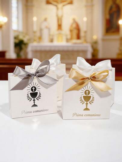 Hộp quà tặng lễ Rước lễ lần đầu (5/10 chiếc) kèm nơ ruy băng satin, hộp đựng kẹo hình thánh giá và chén thánh trang nhã, hộp quà tặng tôn giáo có thể tùy chỉnh cho lễ rửa tội, lễ Rước lễ lần đầu, nghi lễ nhà thờ, hộp quà kẹo sô cô la cho khách mời.