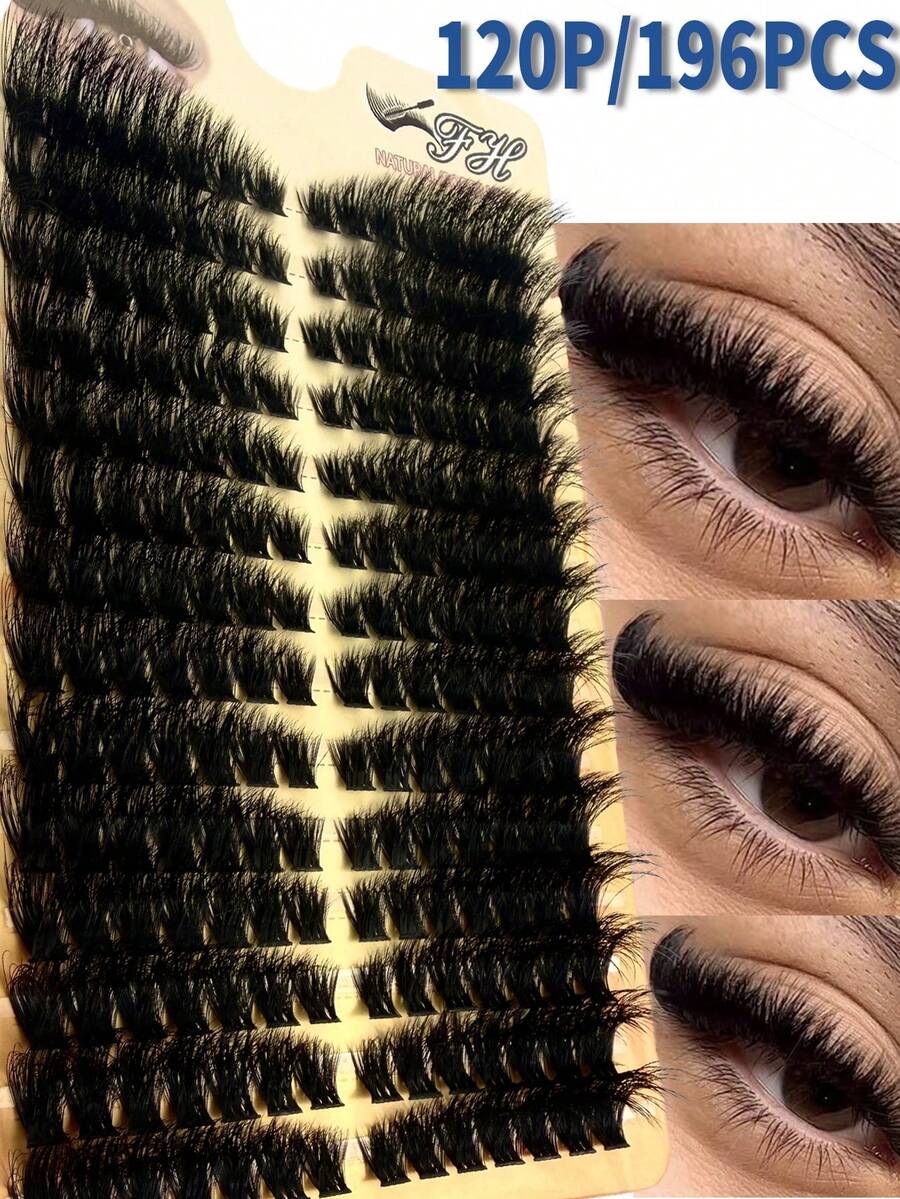 196 piezas/14 filas 120 piezas de 0.05mm Pestañas postizas de visón suave 3D rusas de 9-16mm de longitud mixta, pestañas postizas gruesas, maquillaje y cosméticos, racimos de pestañas postizas negras y amarillas en caja - D - Ver 1