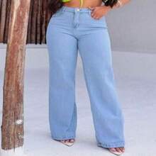 Women's Wide Leg Jeans, Plus Size, High Waist, Without Lycra - Rửa nhẹ - Xem 1