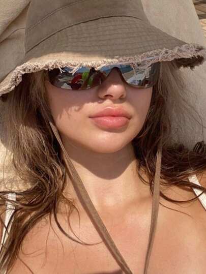 1 pieza Sombrero de cubo con cordón ajustable para mujer, diseño con correa para la barbilla, acabado desgastado, tela suave, protección solar y contra el viento, de moda, adecuado para viajes, playa, uso diario casual