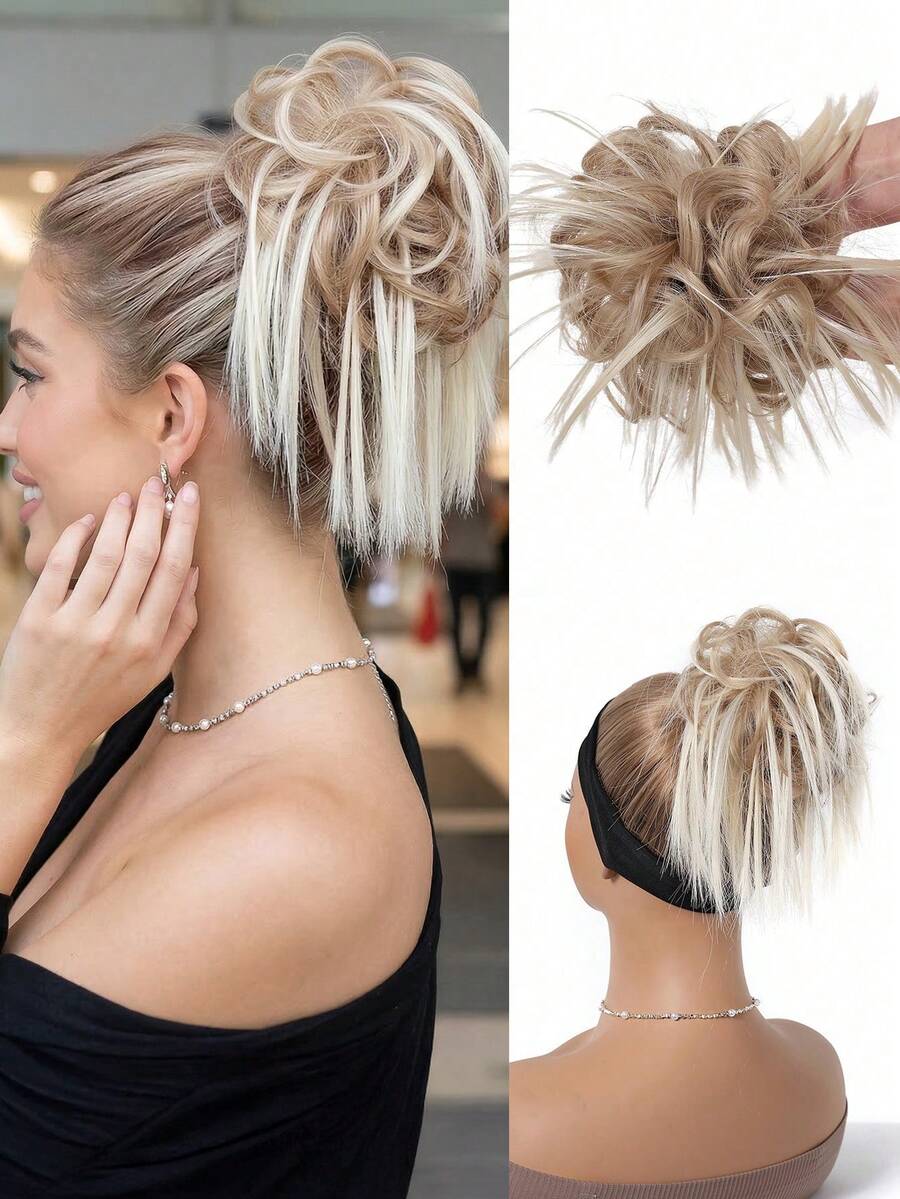 Fluffy Bun Hair Scrunchies, Elastic Synthetic Hair Bun Hairpieces, Ombre Golden Ponytail Hair Accessories, Hair Ties For Women - Blonde Ombre - View 1