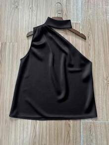 1件女士夏季纯色缎面不对称荷叶边优雅时尚无袖衬衫，适合夏季、休闲、办公、生日派对、正式场合，黑色 - 黑色 - 查看 4