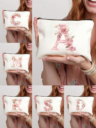 Printed Makeup Bag With Pink Rose Letter Pattern. Spring Pastoral Style. White Travel Wash Bag, Lightweight Foldable Zipper Bag, Cosmetics And Toiletries Storage Bag, Lightweight Coin Wallet; High Quality Materials, Comfortable And Durable, Lightweight And Portable, Party Assistant, Essential Multifunctional Travel Accessory For Summer.