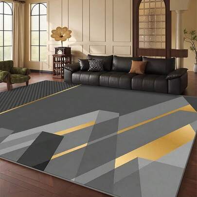 1pc Modern Luxury Style Dark Gray Background Gold Trim Geometric Pattern Rug. Velvet Material Weighs Approx. 850g, Thickness Approx. 0.6cm. Rug Is Wear-Resistant, Anti-Slip And Easy To Clean. Available In Multiple Sizes. Suitable For Kitchen/Living Room/Dining Room/Bedroom/Balcony/Bathroom/Study. Perfect Choice For Home Decor.
